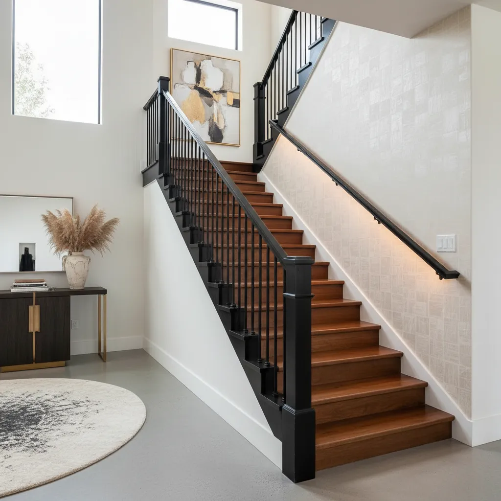 Escalera interior con pared decorada con papel pintado texturizado