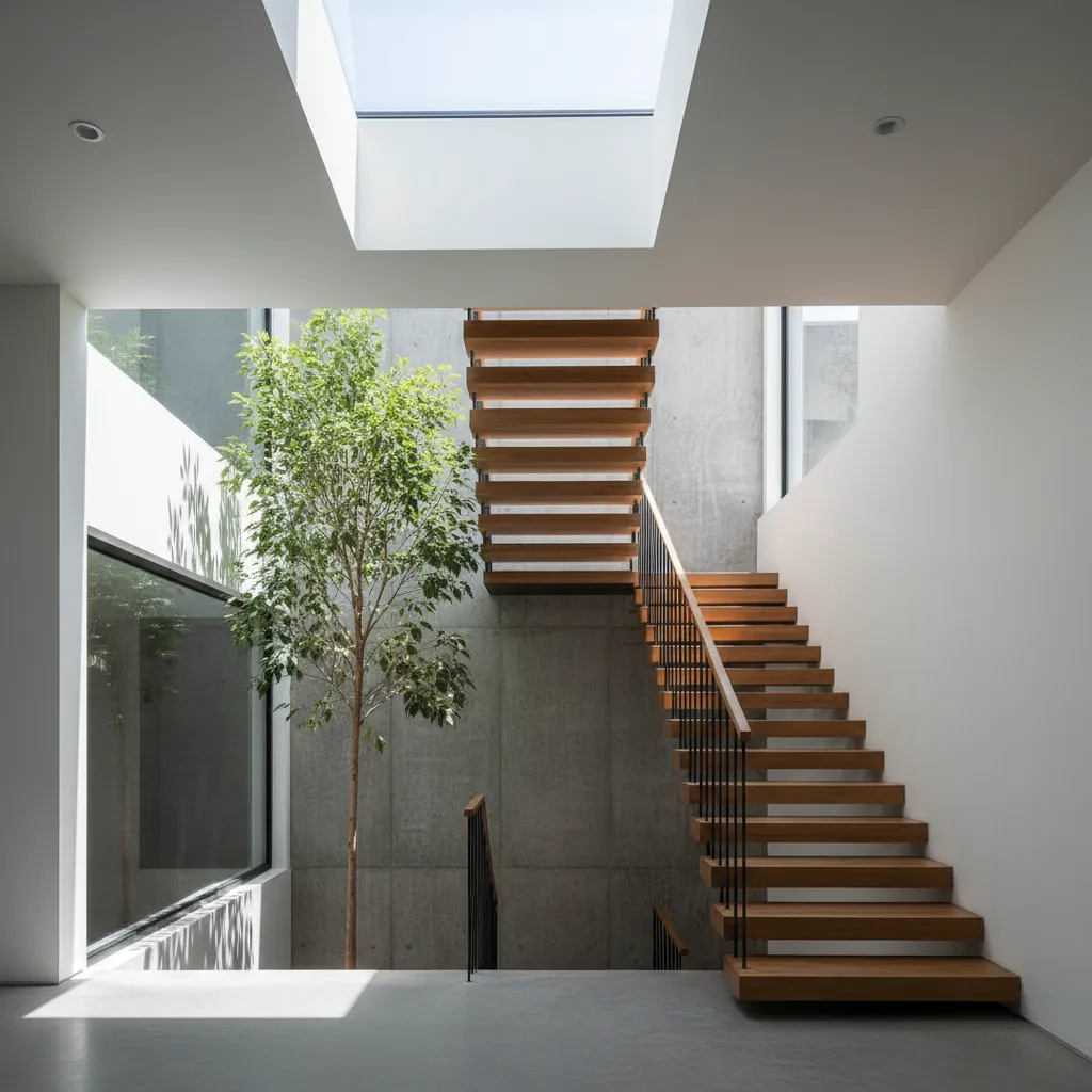 Escalera moderna junto a un patio interior con árbol y luz natural
