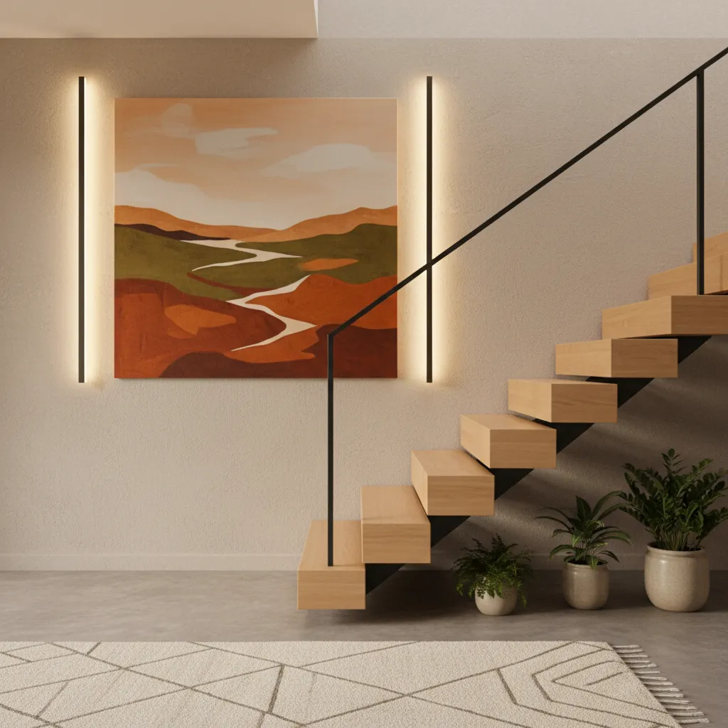 Escalera pequeña decorada con un cuadro grande y luz cálida