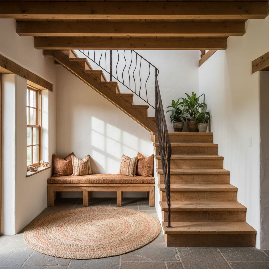 Escalera rústica en forma de L dentro de una casa rural