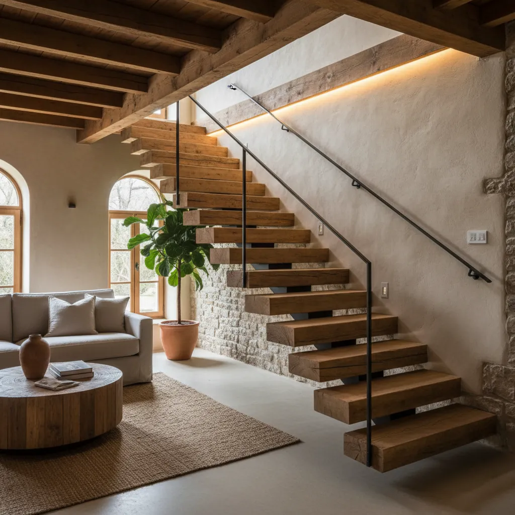 Escalera rústica flotante con peldaños de madera