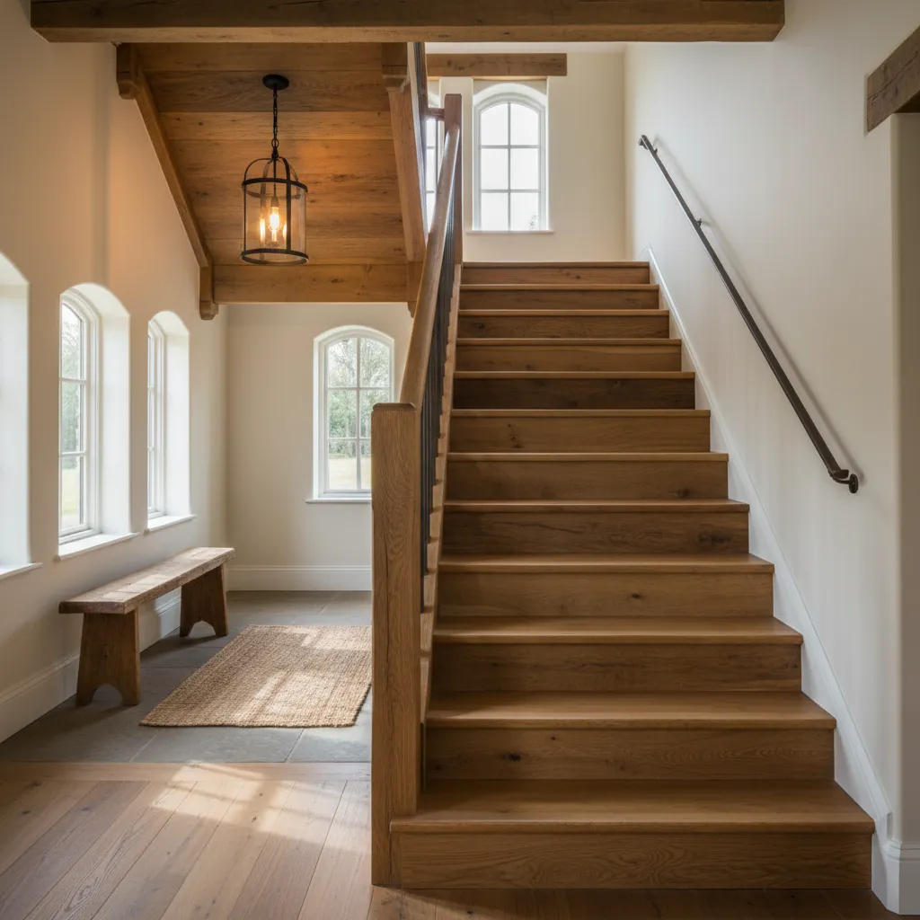 Escalera interior rústica con peldaños gruesos de madera