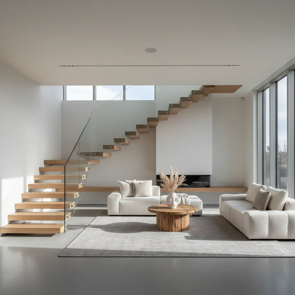 Escalera moderna abierta conectando el salón con la planta superior