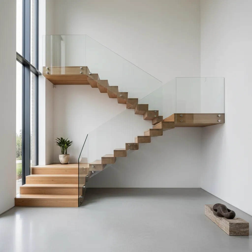 Modern wooden stairs with glass railings against white walls in a clean minimalist interior design