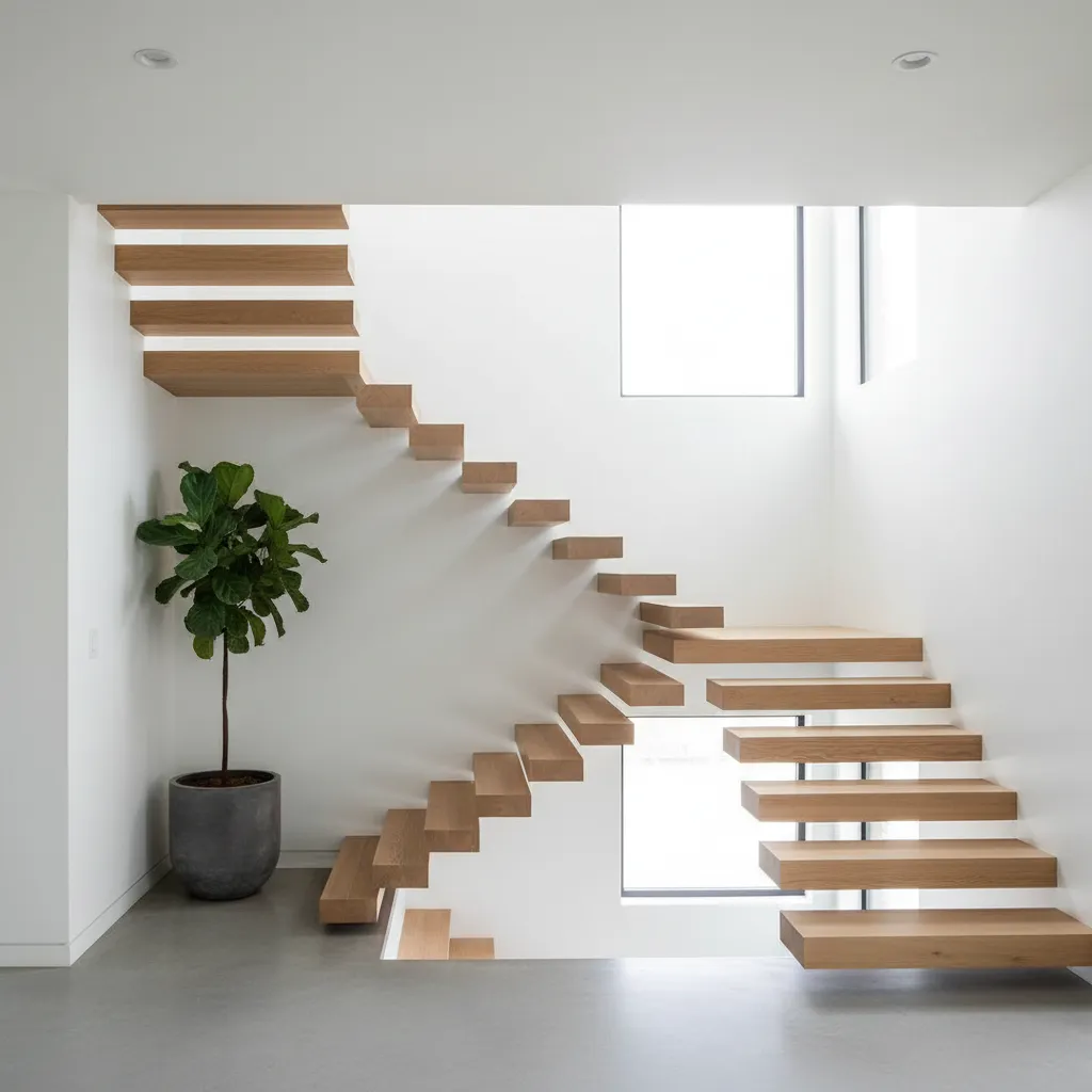 Minimalist floating wooden stairs fixed to white walls with a green plant in a pot
