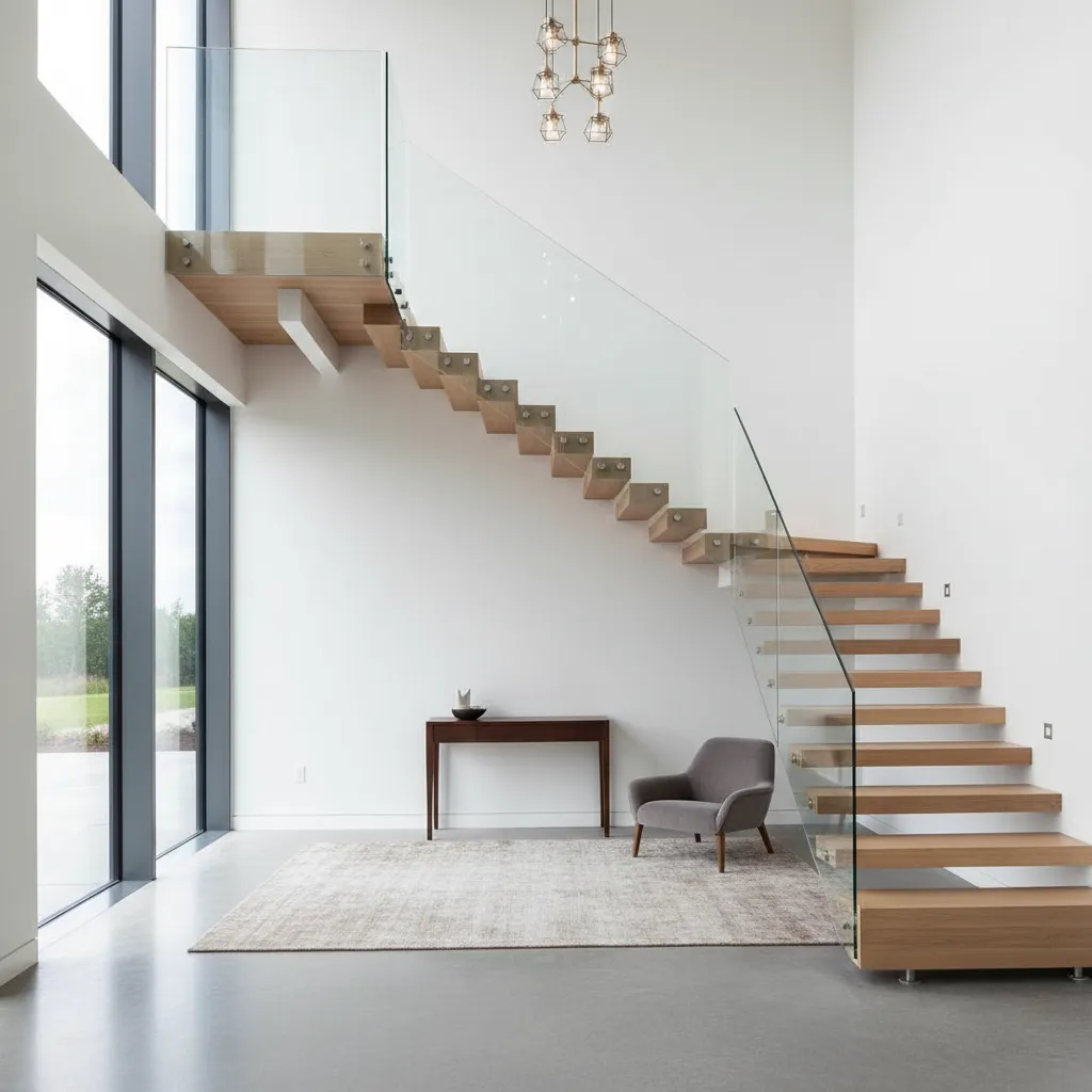 Escalera en forma de U con descanso intermedio en una casa moderna