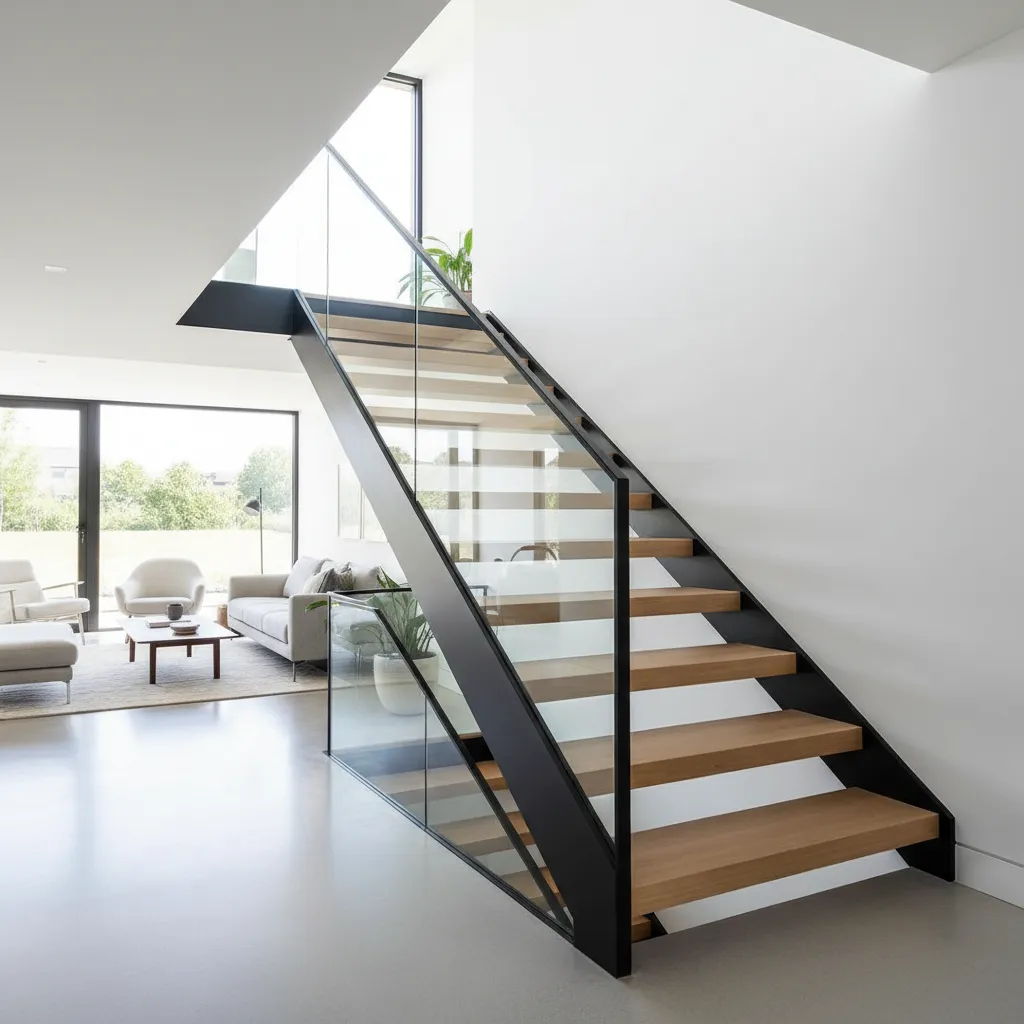 Escalera moderna con barandilla de vidrio y estructura metálica