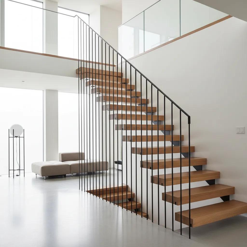 Escalera moderna en casa de dos plantas con diseño minimalista