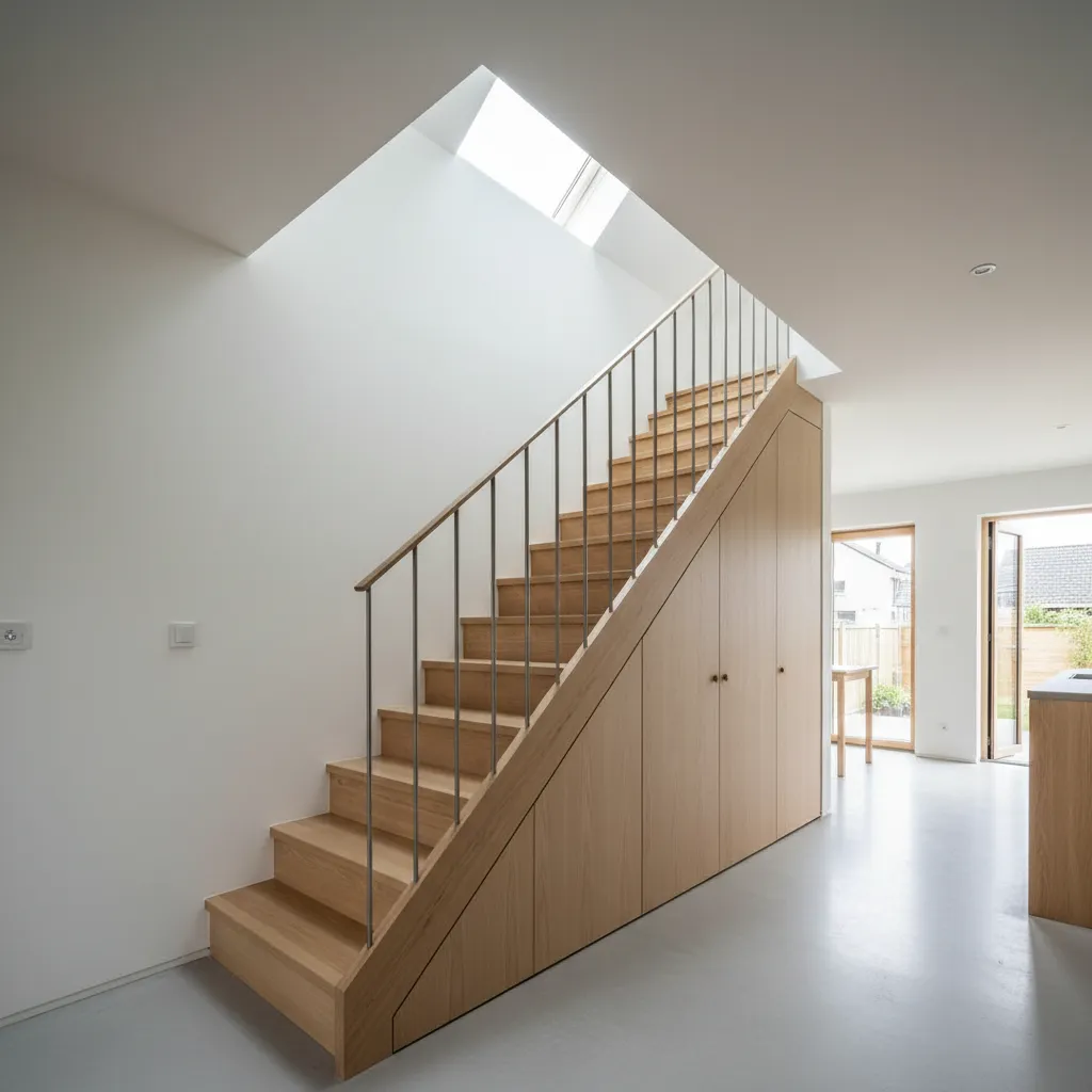 Compact staircase with skylight and integrated storage organizing circulation in a small house