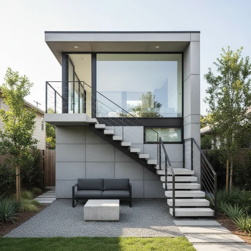Modern house with concrete wall external staircase large glass window outdoor sofa and stone patio