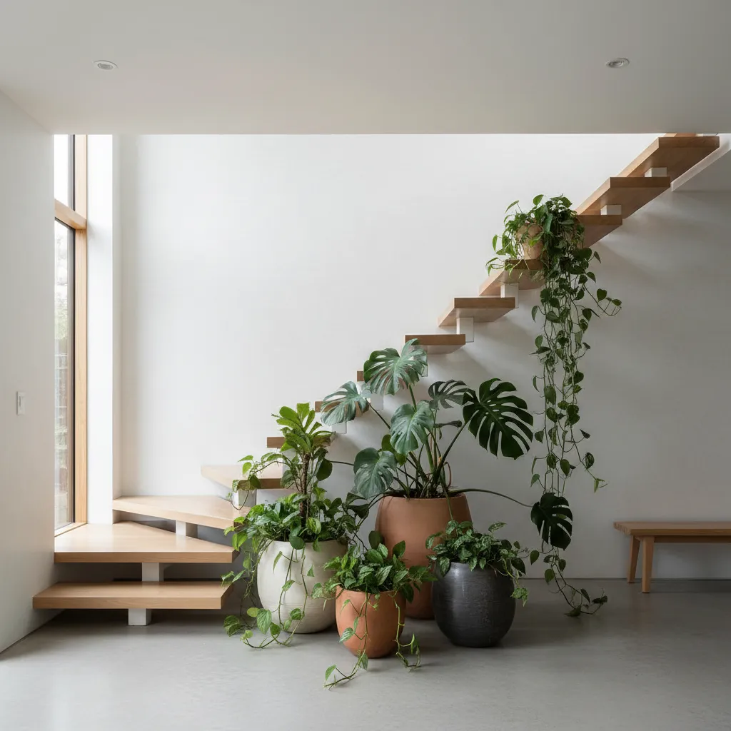 Decoración de interiores: escaleras con plantas
