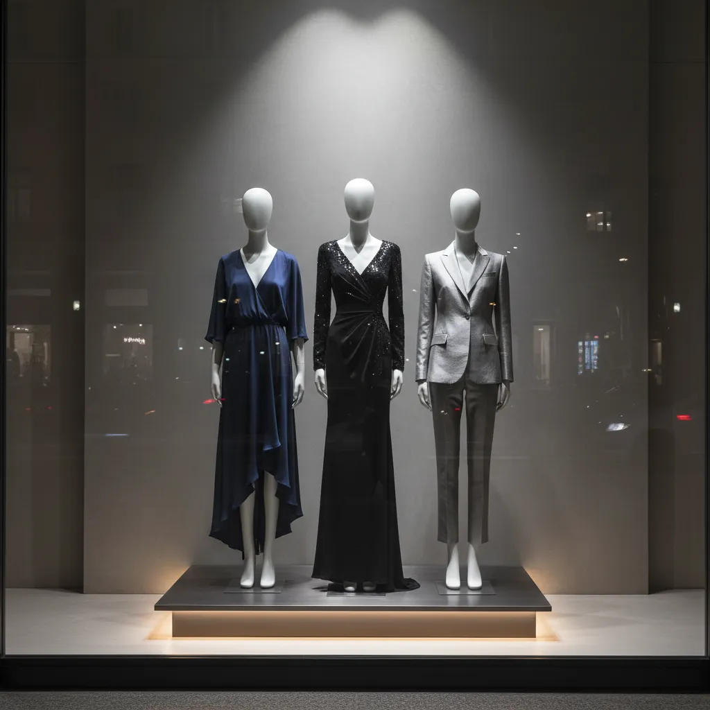 Escaparate de boutique con iluminación dirigida al producto