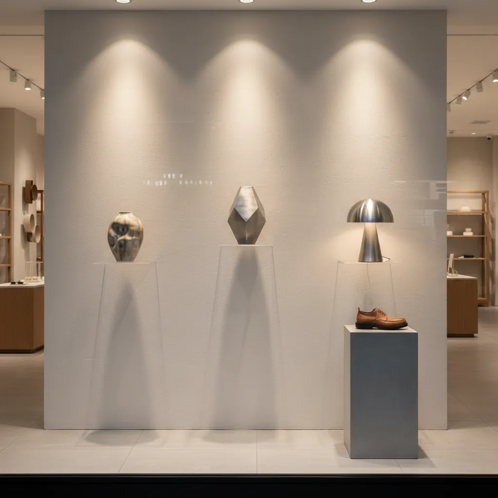 Minimalist store display window featuring a vase, metal sculpture, table lamp, and one brown shoe