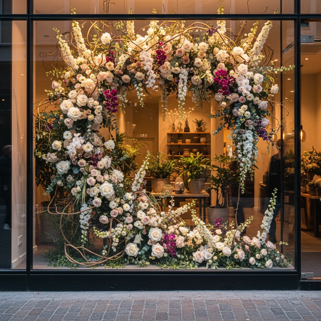 Flower shop window display with a large circular arch made of pink and white roses