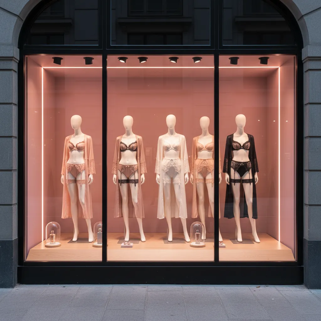 Escaparate moderno de una tienda de lencería con maniquíes elegantes
