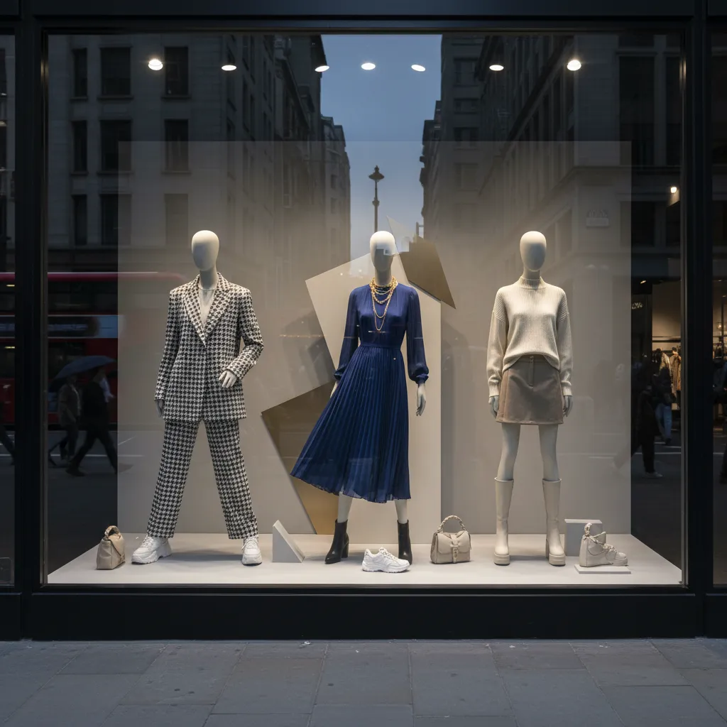 Escaparate atractivo de una tienda de ropa con maniquíes y buena iluminación