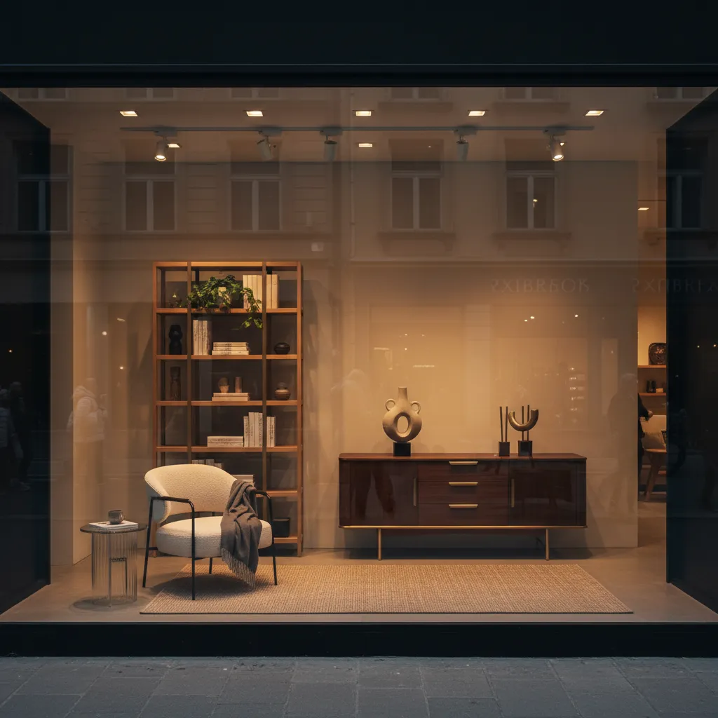 Shop window display with white armchair, wooden bookshelf, dark cabinet, rug, and modern decorative art