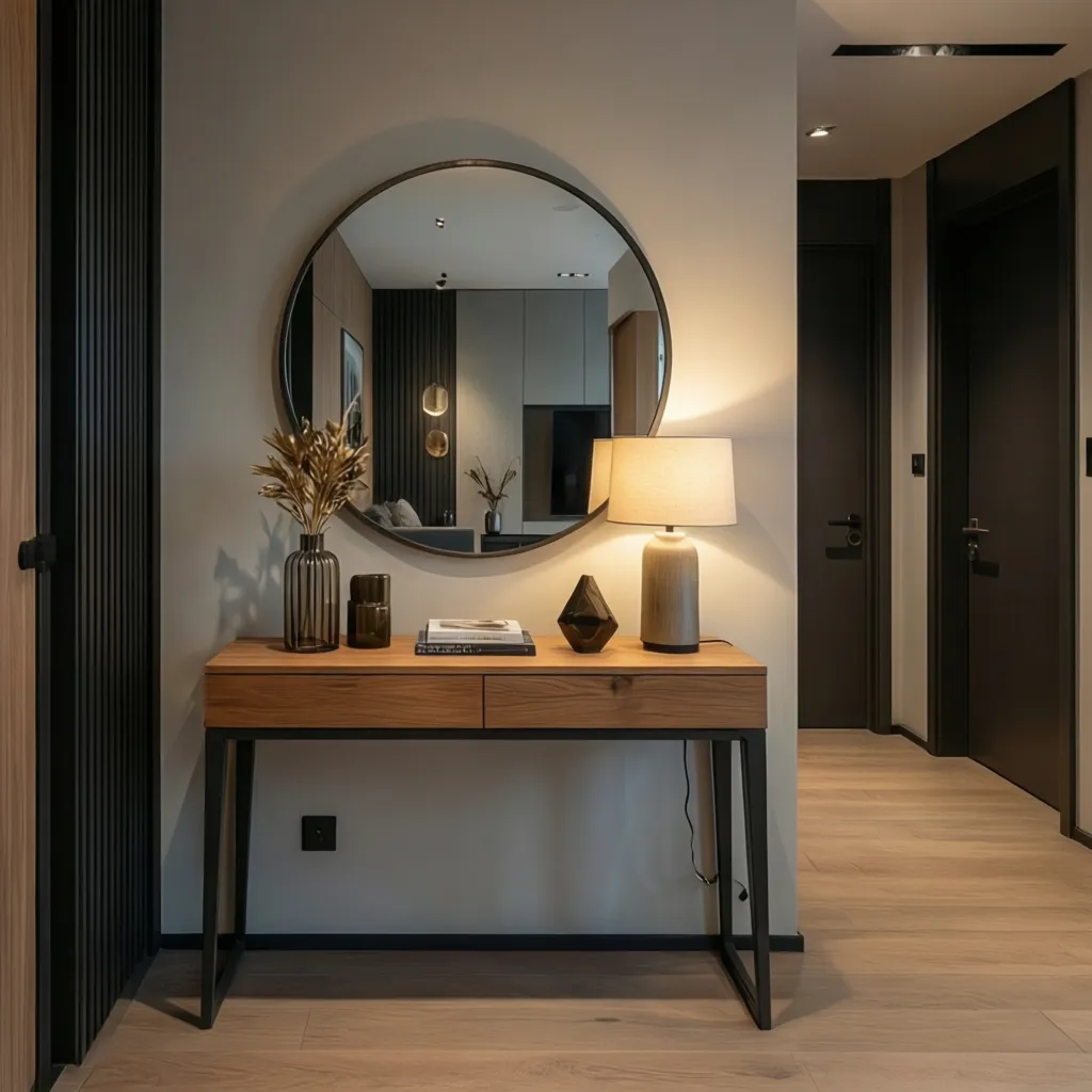 Modern entryway with wooden console table, round wall mirror, table lamp, decorative vase, and dark hallway