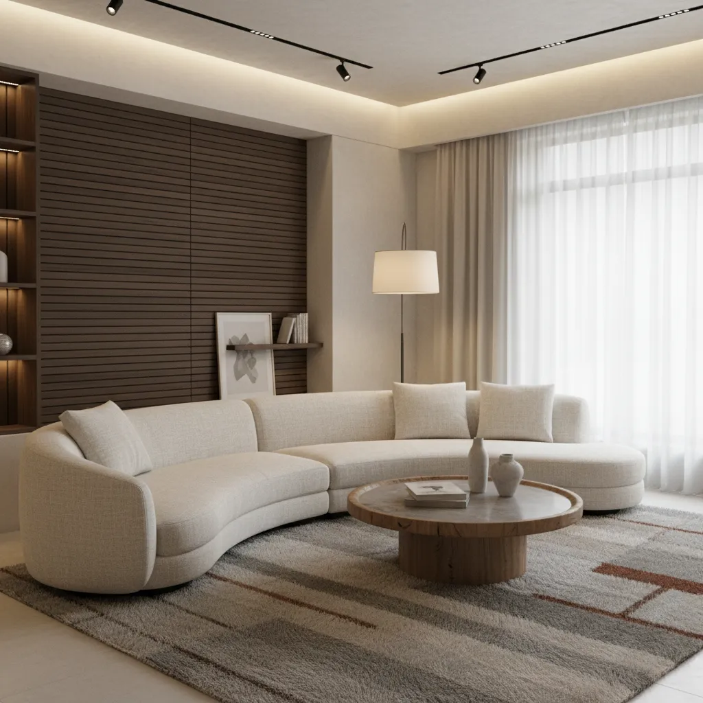 Ambiente de salón dentro de un showroom con sofá, iluminación ambiental y decoración moderna