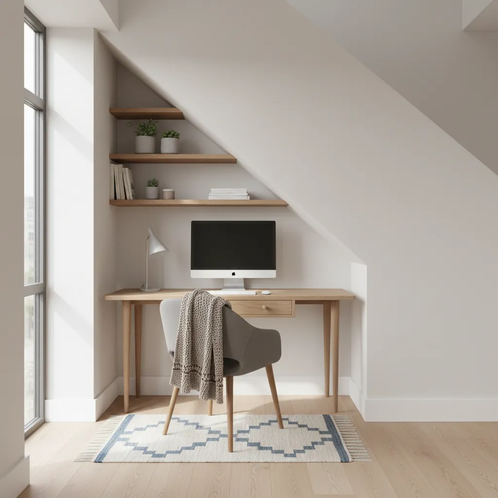 Minimalist home office desk under stairs with computer chair window shelves and light wood floor