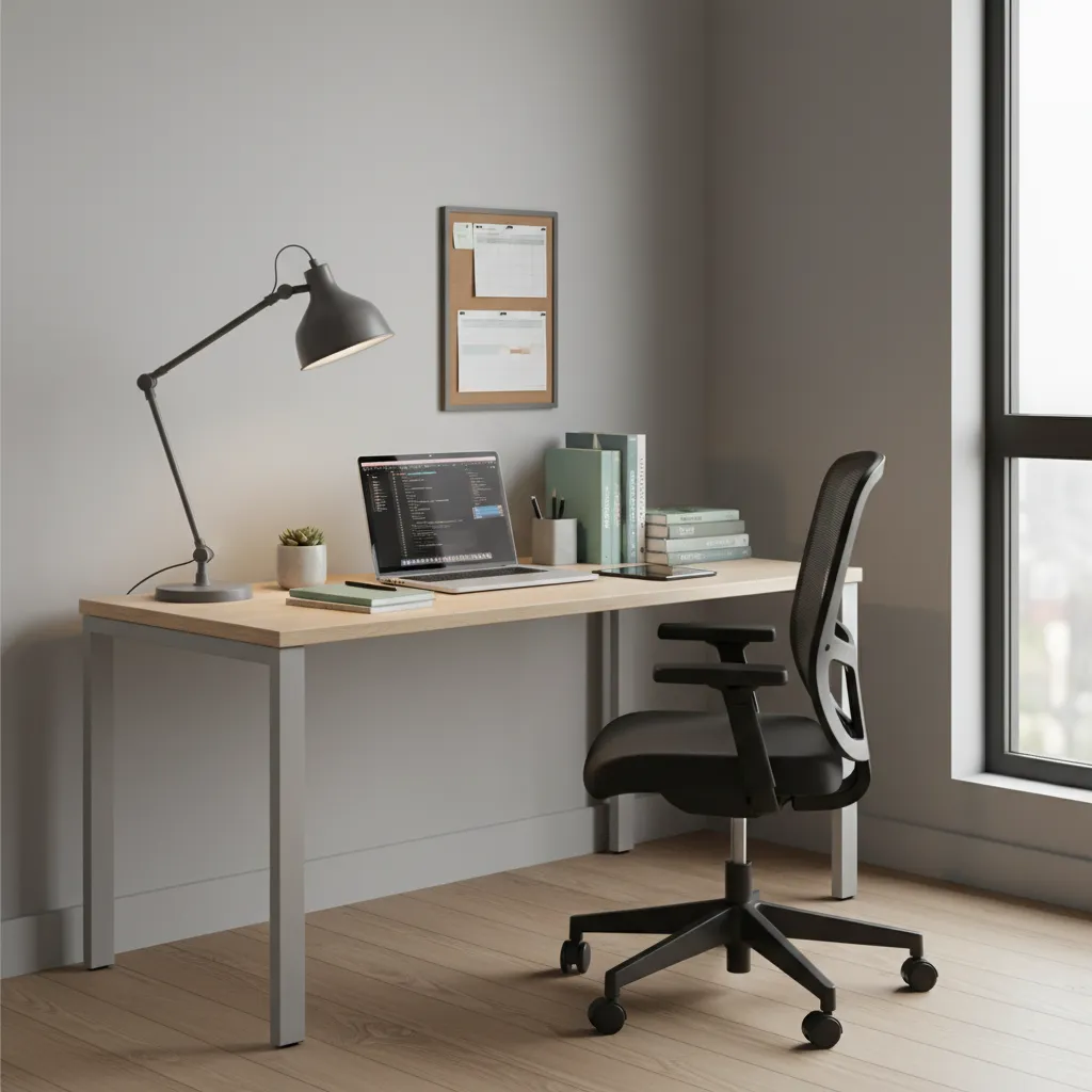 Escritorio amplio en dormitorio juvenil masculino con iluminación de estudio