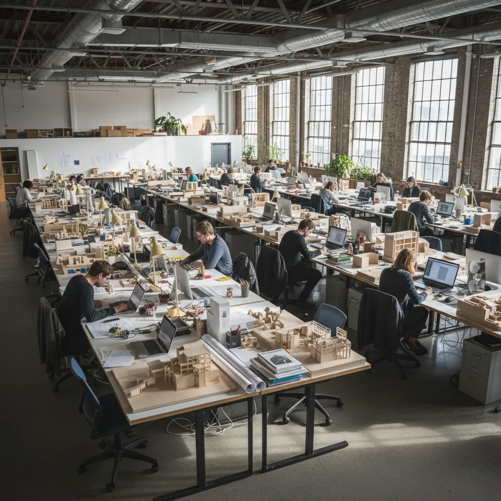 Gran estudio universitario de arquitectura con mesas de trabajo