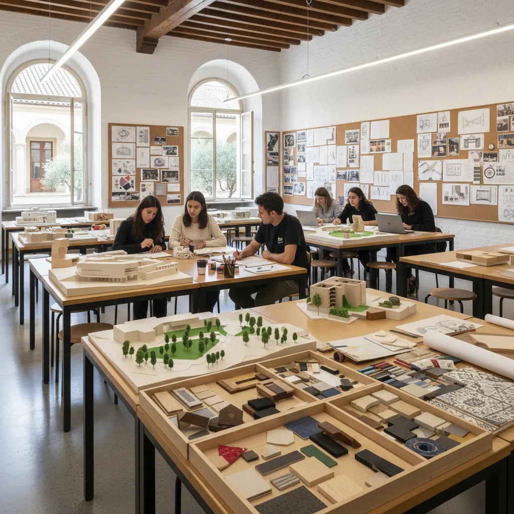 Aula de escuela de arte con proyectos de interiorismo y maquetas