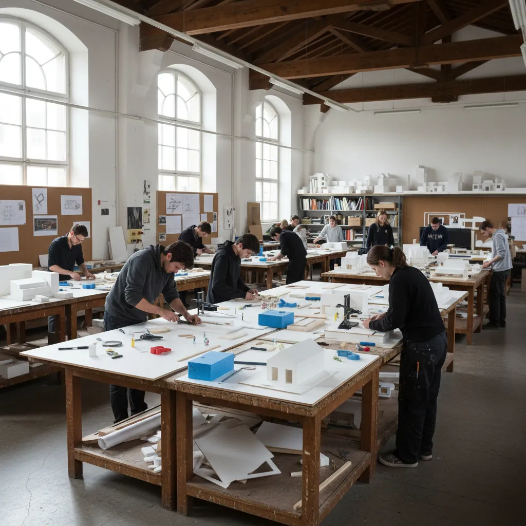 Taller de maquetas en una escuela de arte con estudiantes de diseño