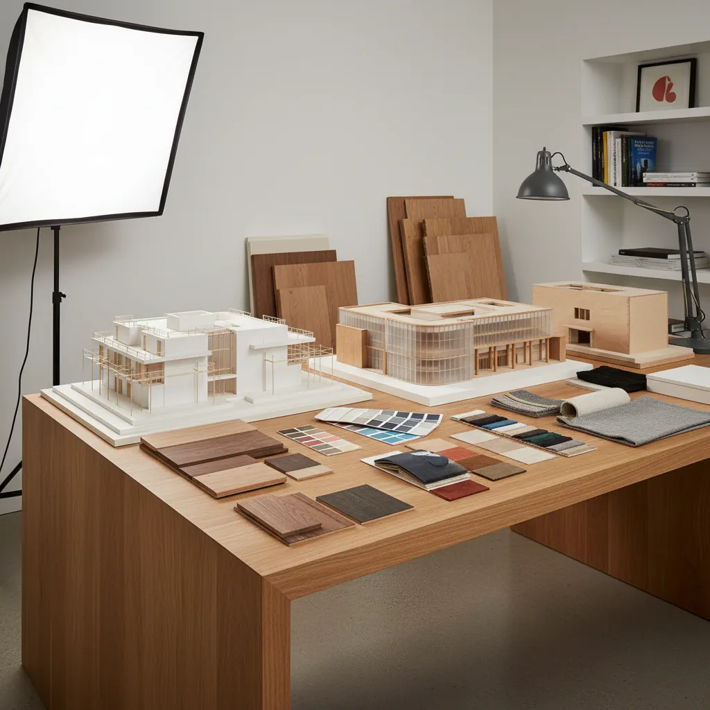 Interior design models and material samples including wood and fabric placed on a large desk