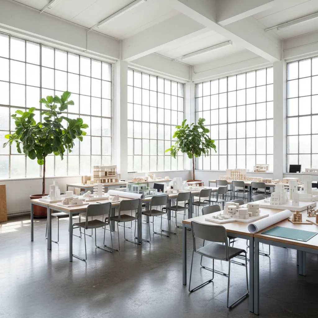 Escuela europea de diseño con espacio de trabajo abierto y maquetas arquitectónicas