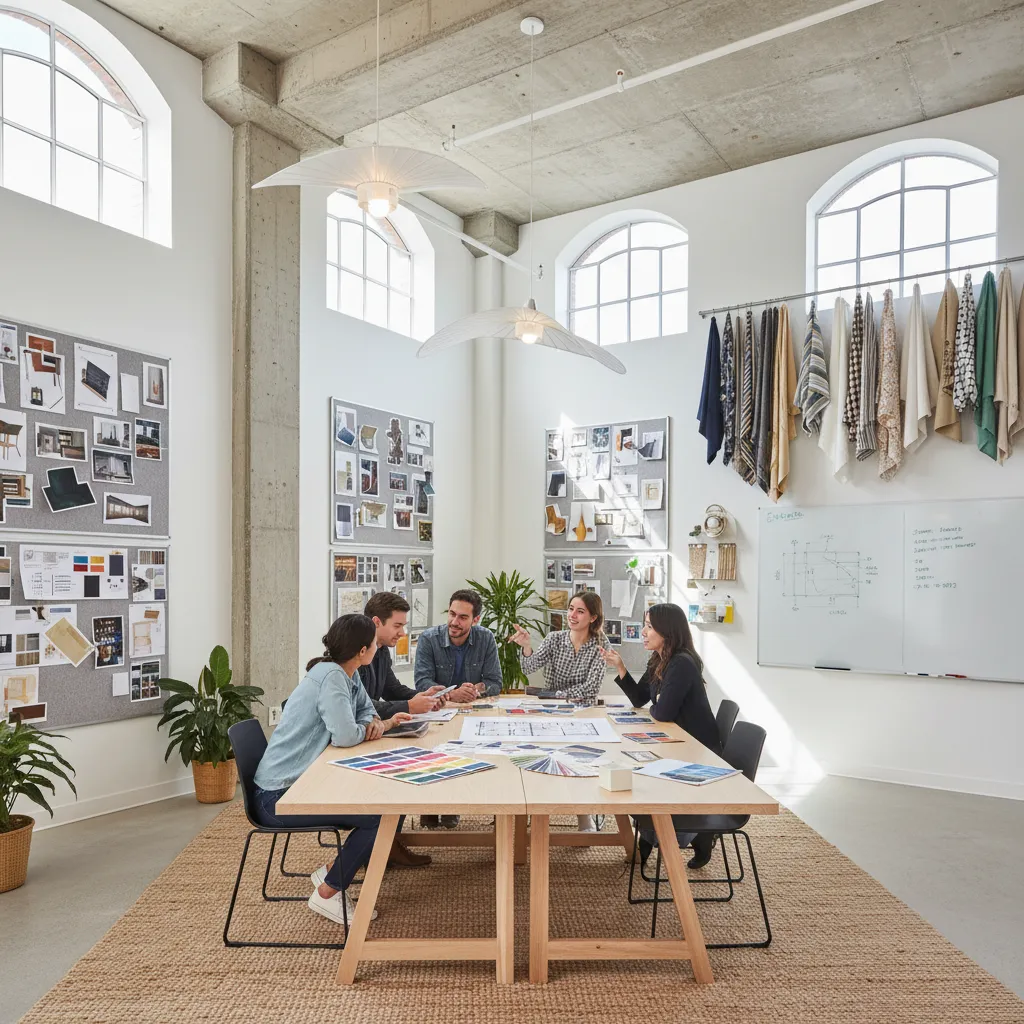 Designers meeting at a wooden table in a studio with fabric samples and inspiration boards