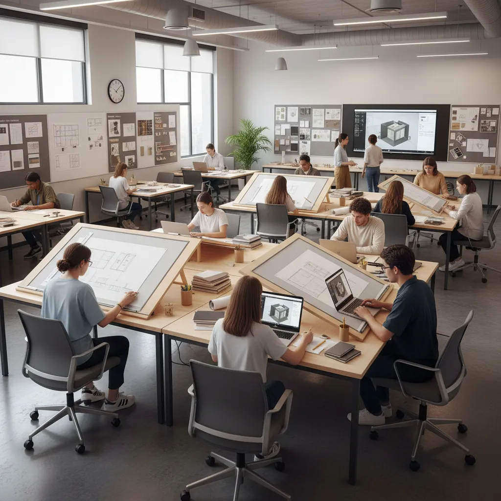 Students in design studio working on paper room plans and laptops at wooden drafting tables