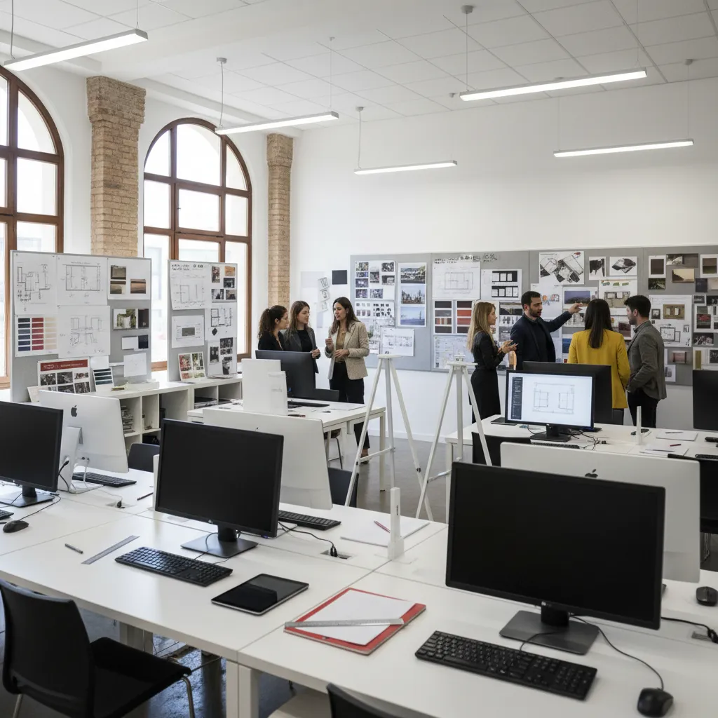Aula de escuela de diseño de interiores con estudiantes revisando proyectos