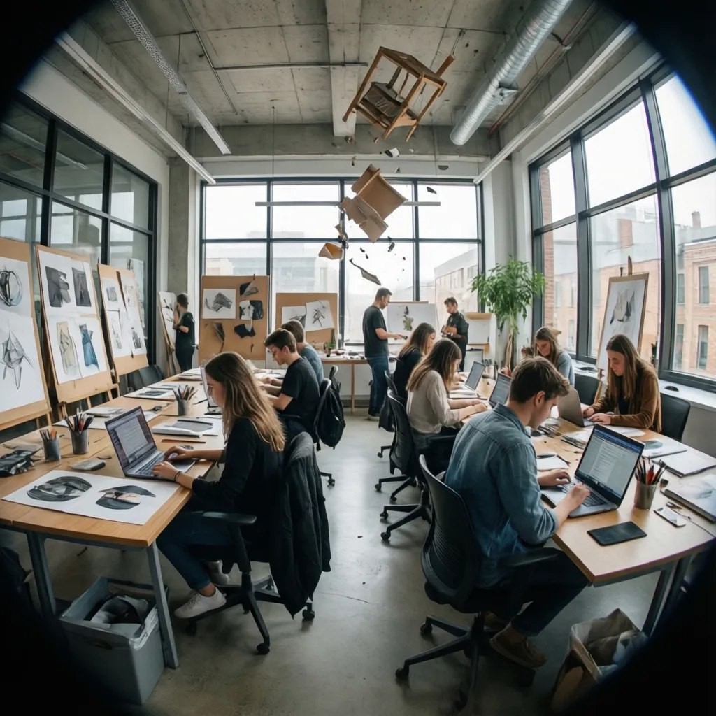 Clase de diseño de interiores con estudiantes trabajando en proyectos