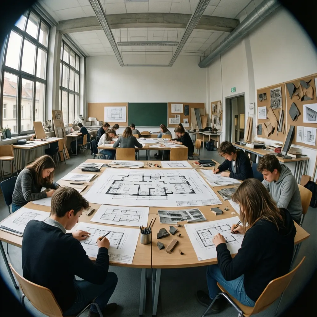 Aula de escuela de diseño con estudiantes trabajando en planos de interiorismo