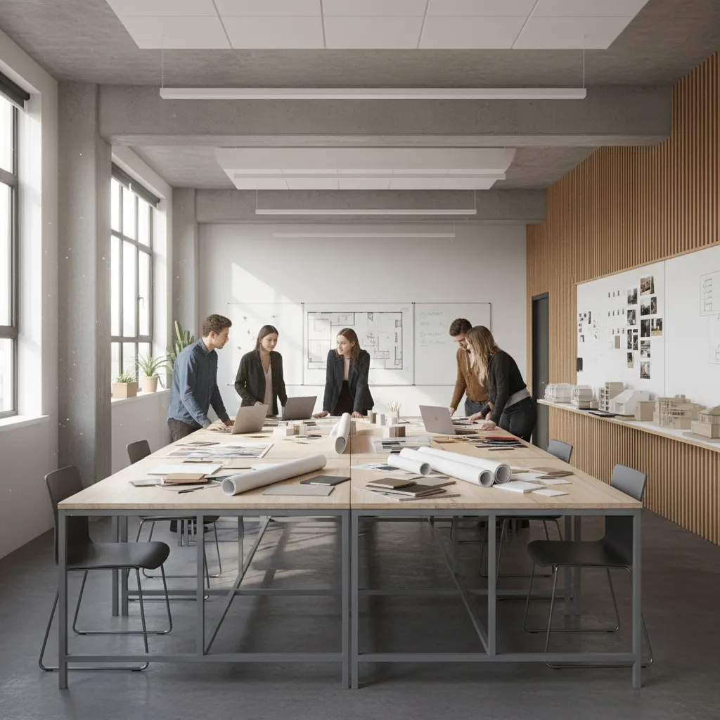 Aula universitaria de diseño con estudiantes trabajando en planos de interiores