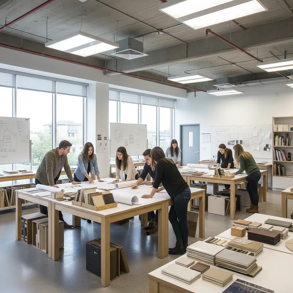 aula de escuela de diseño con estudiantes revisando planos de interiores