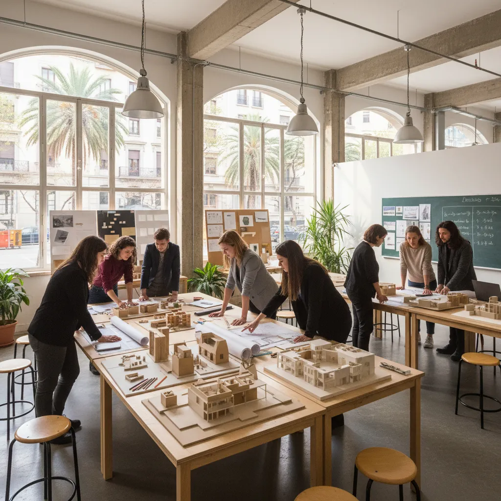 Students working around tables with interior design drawings and building models in a bright studio