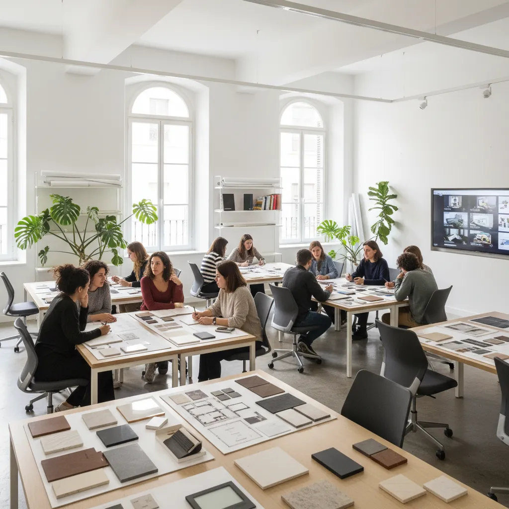 Aula de escuela de diseño con estudiantes trabajando en proyectos de interiorismo