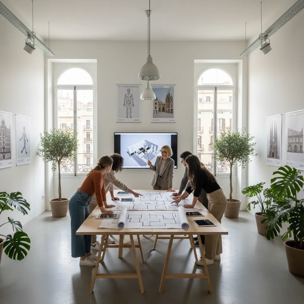 Aula de escuela de diseño con estudiantes revisando planos de interiorismo