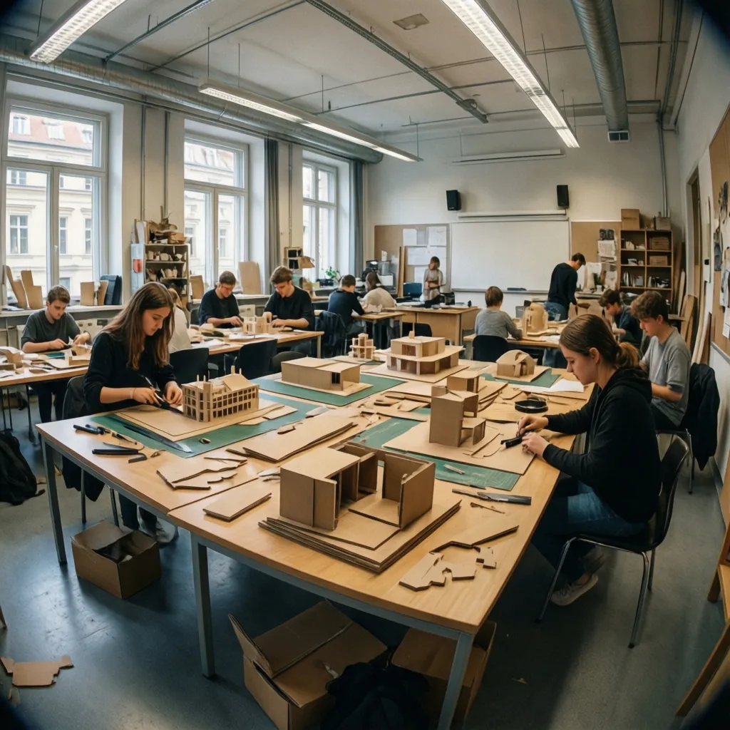 Aula de diseño con estudiantes creando maquetas de interiores