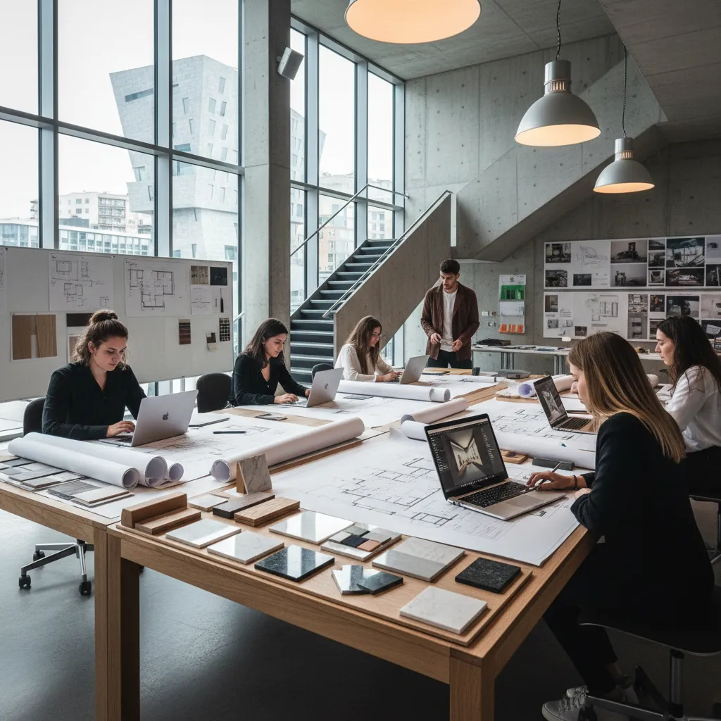 People working on interior design drawings with laptops and material samples in a bright studio