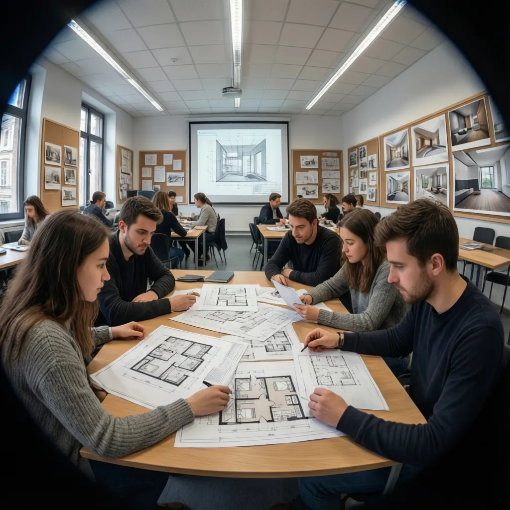 Aula de escuela de diseño con estudiantes revisando planos de interiores