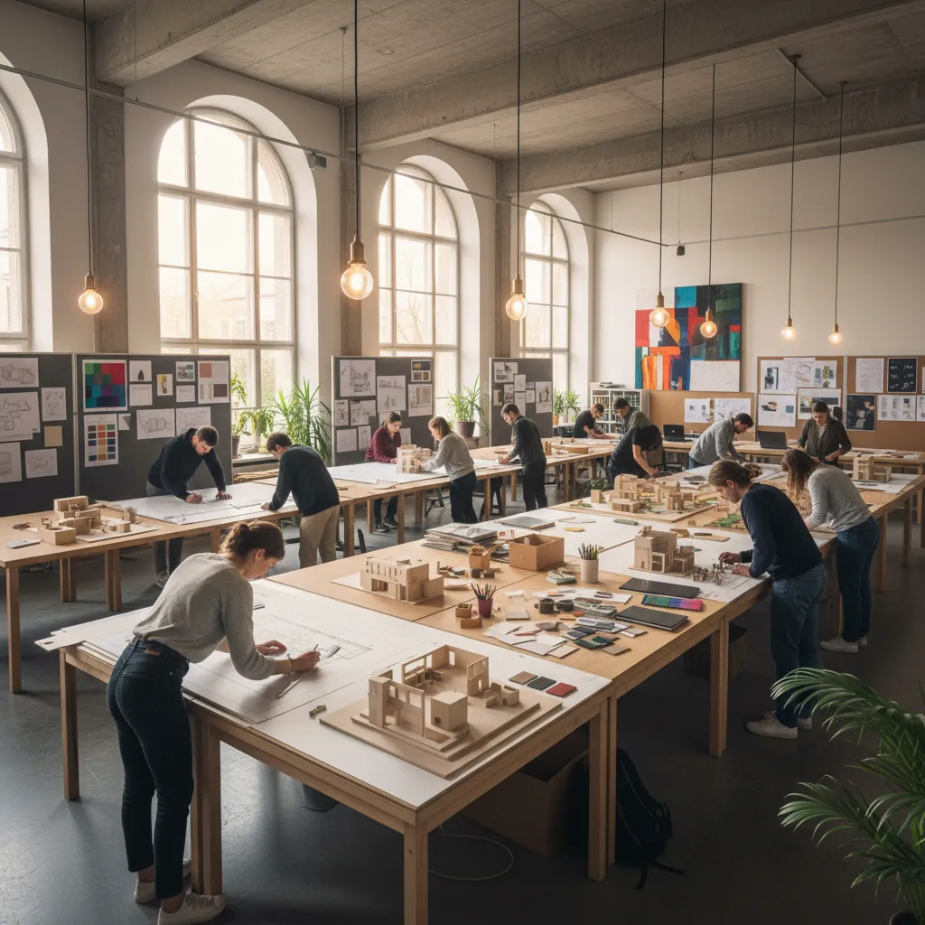 Students working on house models and drawings at long wooden tables inside bright design studio