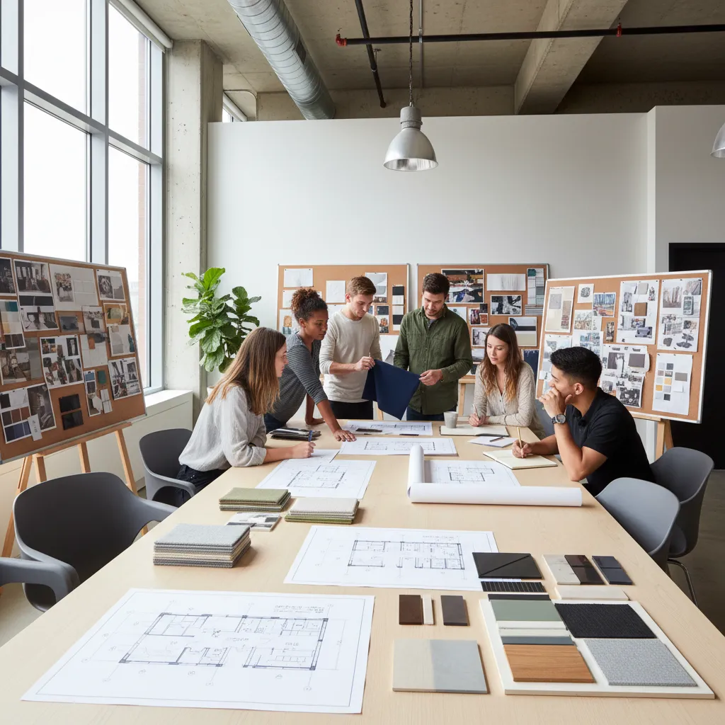 estudiantes de diseño de interiores analizando planos y muestras de materiales en clase