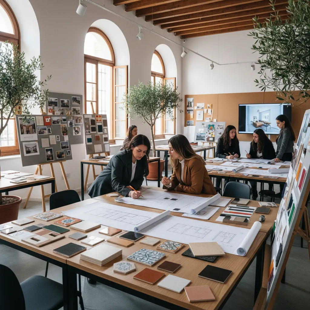 Aula de diseño de interiores con estudiantes trabajando en planos y materiales