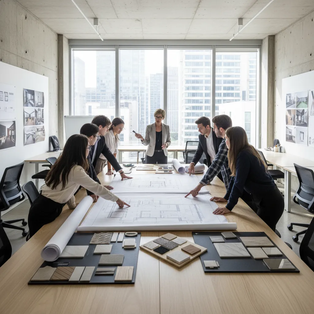 Clase práctica de diseño de interiores con estudiantes revisando planos