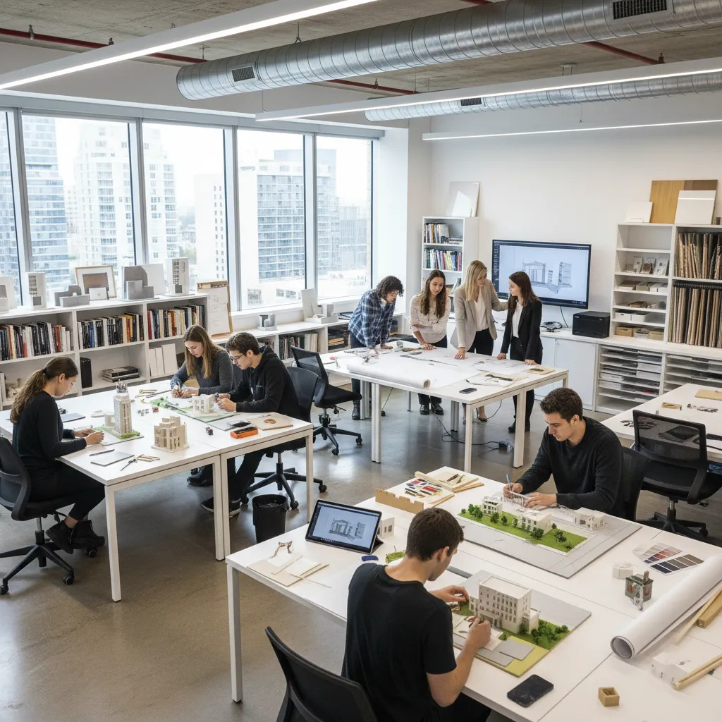 Students building architectural models in bright studio with large windows and city view behind them