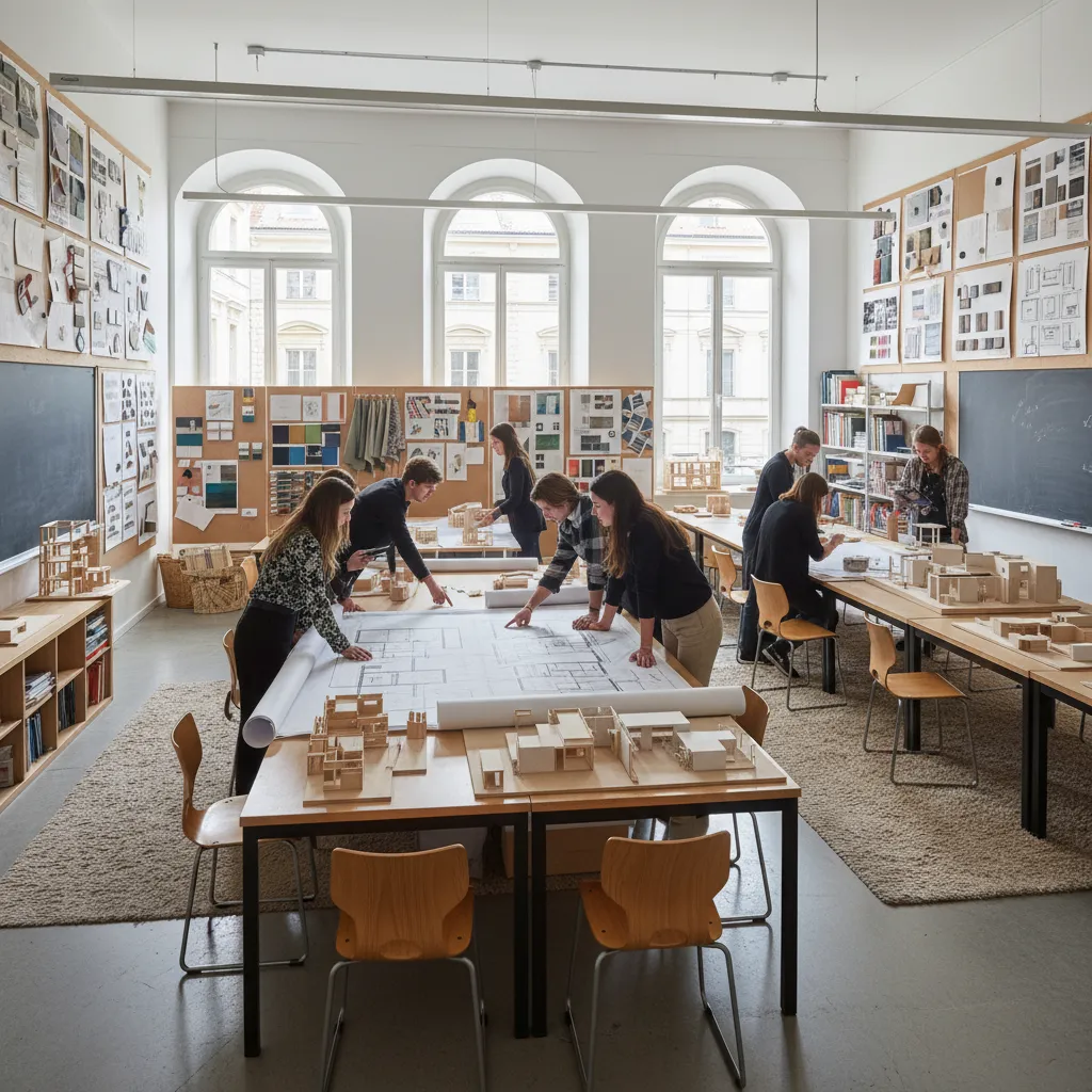 Aula de escuela de diseño con estudiantes revisando planos de interiores