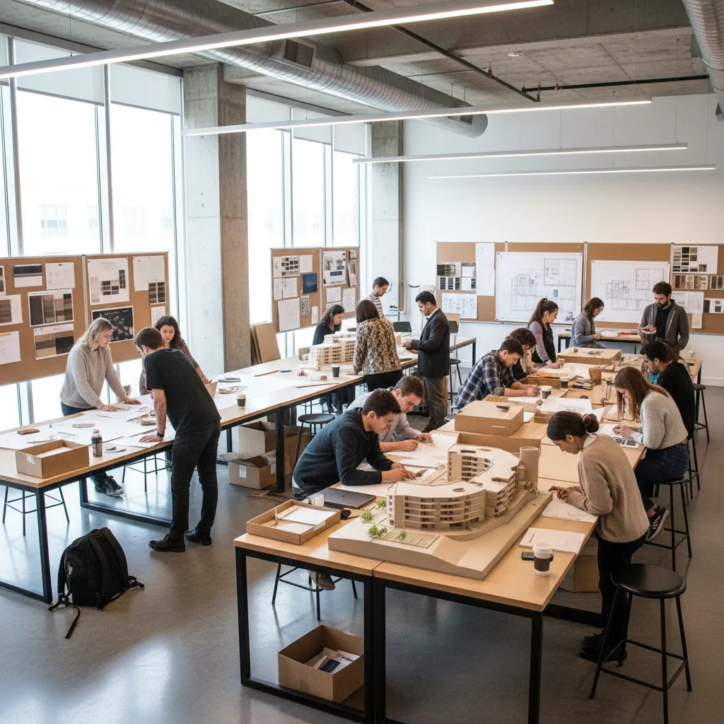 Many students working on building models and floor plans in a bright interior design studio